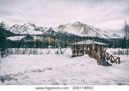 Peak And Hotel Patria In Strbske Pleso, High Tatras, Slovak Republic. Winter Mountains. Travel Desti