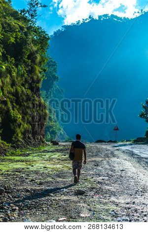 Jauljibi - India Nepal Border, Uttrakhand, India - September 26, 2018 : Traveler In Himalayas