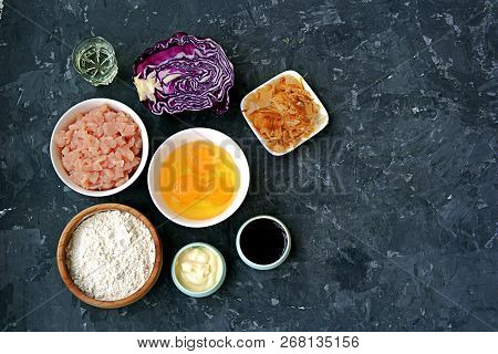 Ingredients For Okonomiyaki, National Japanese Dish: Red Cabbage, Eggs, Flour, Mayonnaise, Teriyaki 
