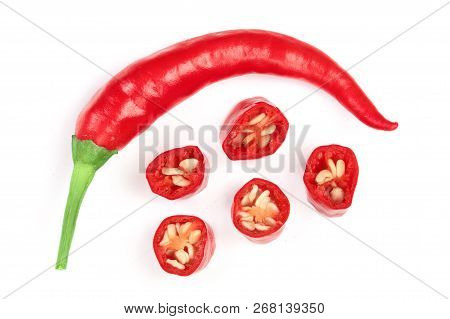 Sliced Red Hot Chili Pepper Isolated On White Background. Top View. Flat Lay Pattern