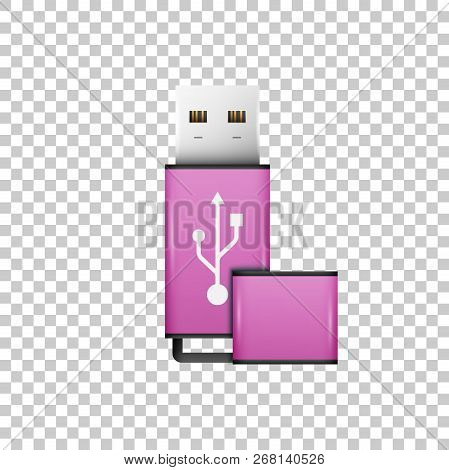 Realistic Pink Usb Flash Drive Isolated Object On Transparent Background. Vector Illustration