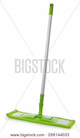 Mop With Green Microfiber Rag And White Plastic Tubular Handle Isolated On A White Background