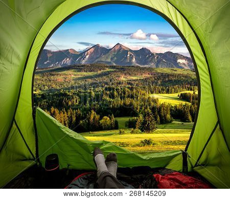 Stunning View From Tent To Belianske Tatra Mountains At Sunset