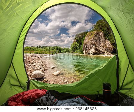 View From Tent To Bialka River In The Pieniny Mountains