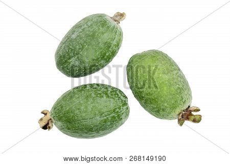 Tropical Fruit Feijoa Acca Sellowiana Isolated On White Background. Top View. Flat Lay Pattern