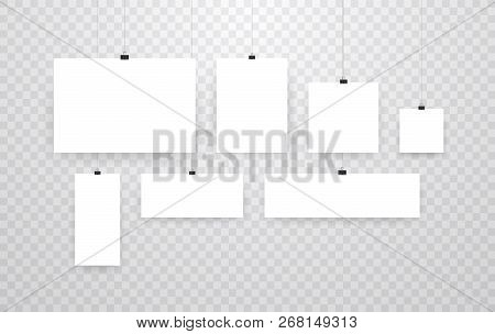 Blank Hanging Photo Frames Or Poster Templates Isolated On Transparent Background. Photo Picture Han