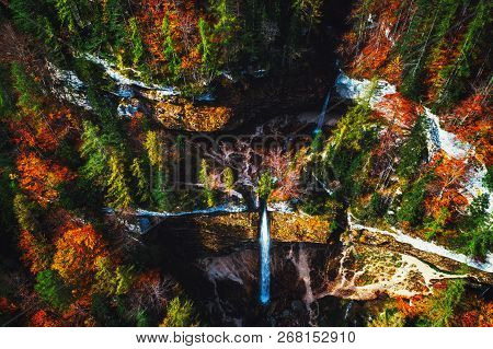 Pericnik Waterfall In Slovenian Alps In Autumn.