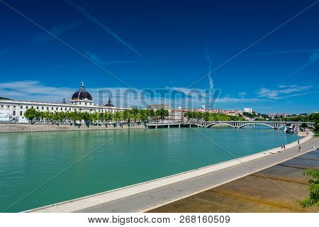 Lyon, France - July 18, 2018:  Rhone River And Hotel-dieu. Hotel-dieu Was A Hospital Of Historical S