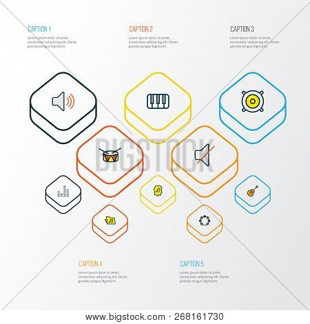 Multimedia Icons Colored Line Set With Guitar, Fanatic, Drum And Other Loudspeakers Elements. Isolat