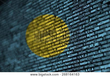 Palau Flag  Is Depicted On The Screen With The Program Code. The Concept Of Modern Technology And Si