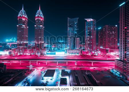 Beautiful View To Dubai And Sheikh Zayed Rd, United Arab Emirates. City Skyline. Long Exposure Effec