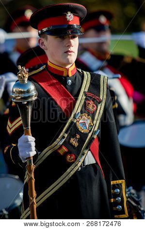 Sandhurst, United Kingdom, 11th November 2018:- Cadets From Sandhurst Corps Of Drums March To Sandhu