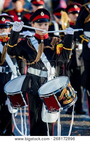 Sandhurst, United Kingdom, 11th November 2018:- Cadets From Sandhurst Corps Of Drums March To Sandhu