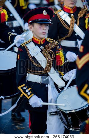 Sandhurst, United Kingdom, 11th November 2018:- Cadets From Sandhurst Corps Of Drums March To Sandhu