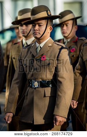 Sandhurst, United Kingdom, 11th November 2018:- British Soldiers From The Gurkhas March To Sandhurst