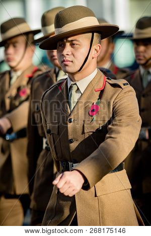 Sandhurst, United Kingdom, 11th November 2018:- British Soldiers From The Gurkhas March To Sandhurst