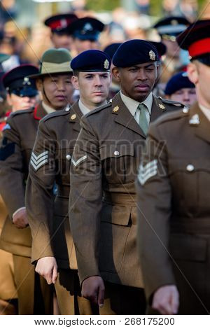 Sandhurst, United Kingdom, 11th November 2018:- British Soldiers March To Sandhurst War Memorial On 