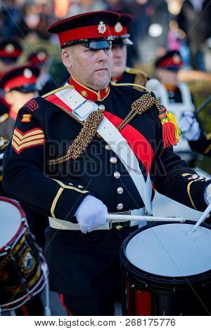 Sandhurst, United Kingdom, 11th November 2018:- Cadets From Sandhurst Corps Of Drums March To Sandhu