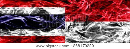 Thailand Vs Monaco, Monacan Smoke Flags Placed Side By Side. Thick Abstract Colored Silky Smoke Flag