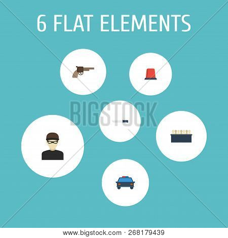 Set Of Crime Icons Flat Style Symbols With Gun, Jurors, Flasher Siren And Other Icons For Your Web M