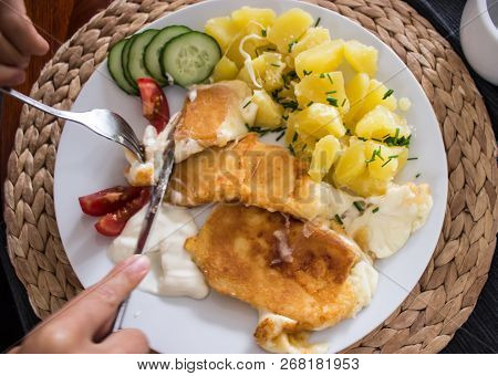Excellent Food, Fried Cheese With Potatoes And Vegetables, Isolated