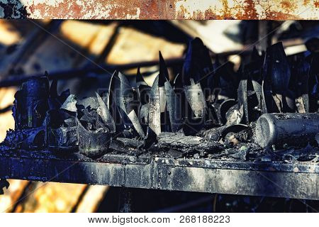 Close Up Damaged Supermarket Glass Plastic Bottles After Arson Fire With Burn Black Dark Debris Afte