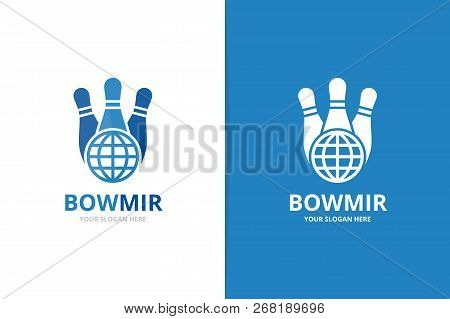Vector Bowling And Planet Logo Combination. Game And World Symbol Or Icon. Unique Kegling And Globe 