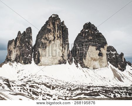 Spring Panorama View To Three Peaks - Tre Cime Di Lavaredo Massive Rock, Sexten Dolomites, South Tyr