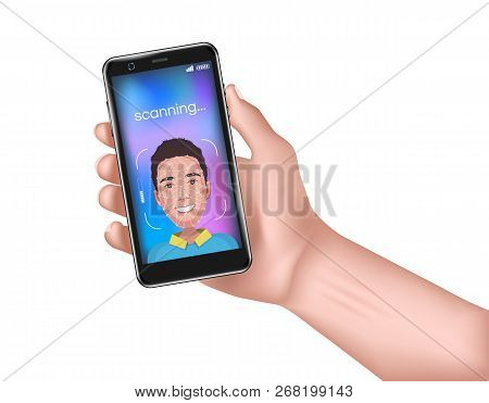 Face Id. Face Recognition Concept. Hand Of Man Is Holding The Phone With Scanning Grid. Isolated Vec