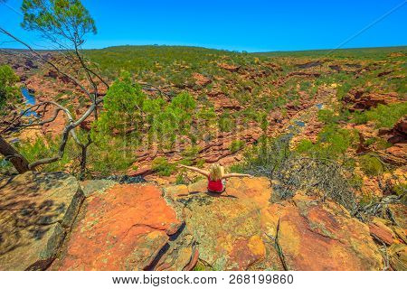 Happy Blonde Woman Enjoying At Z-bend Lookout To Murchison River In Kalbarri National Park, Western 