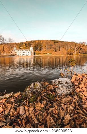 Magical Autumn Lake Landscape In The Park Of Castle Hernstein In Austria