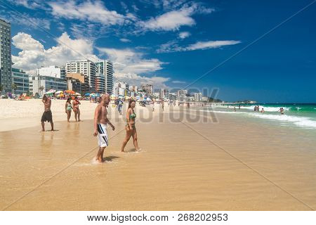 Rio De Janeiro, Brazil - January 27, 2015: People Enjoy The Famous Beach Ipanema In Rio De Janeiro.