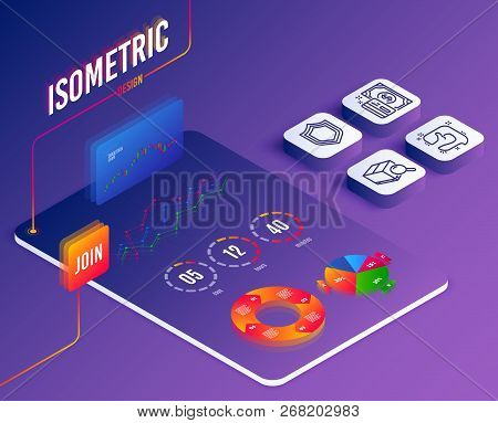 Isometric Vector. Set Of Payment, Like And Security Icons. Search Package Sign. Cash Money, Thumb Up