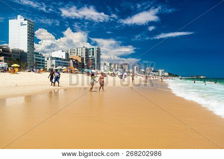Rio De Janeiro, Brazil - January 27, 2015: People Enjoy The Famous Beach Ipanema In Rio De Janeiro.