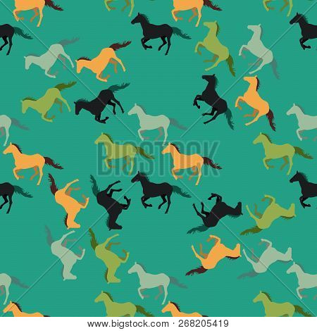 Seamless Vector Pattern With Running Horses On Green Background