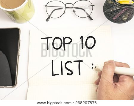 Top 10 List, Business Motivational Inspirational Quotes, Words Typography Top View Lettering Concept
