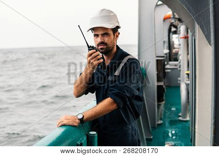 Marine Deck Officer Or Chief Mate On Deck Of Vessel Or Ship
