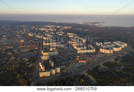 Aerial View Of Town In Autumn At Sunset. Energodar, Ukraine. The Satellite City Of Europe's Most Ato