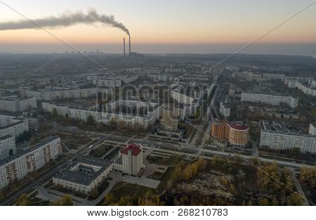 Aerial View Of Town In Autumn At Sunset. Energodar, Ukraine. The Satellite City Of Europe's Most Ato