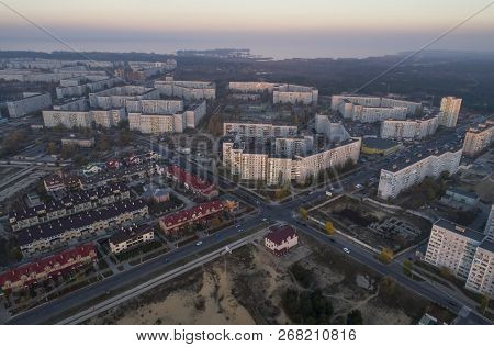Aerial View Of Town In Autumn At Sunset. Energodar, Ukraine. The Satellite City Of Europe's Most Ato