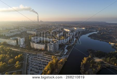 Aerial View Of Town In Autumn At Sunset. Energodar, Ukraine. The Satellite City Of Europe's Most Ato