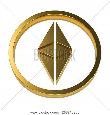 Golden Etherium Symbol On White Background No Shadow. 3d Rendering