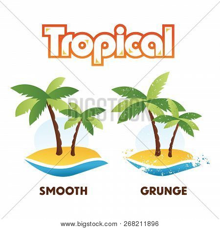 Tropical Palm Tree Island Isolated In Smooth Or Grunge Style