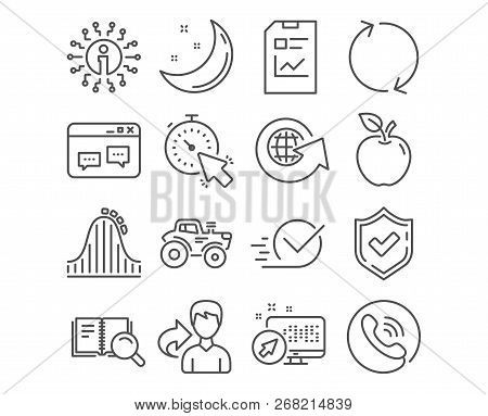 Set Of Refresh, Checkbox And Report Document Icons. Timer, Search Book And Roller Coaster Signs. Bro
