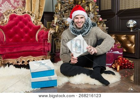 There Arent Enough Presents For Christmas. Guy Is Celebrating Christmas At Home. Delivery Christmas 