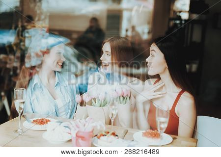 Laugh And Smile Beautiful Girl. Happy Family Event 8 March. Drinking Champagne And Good Spiking. Lif