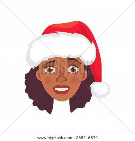 Face Of African Woman In Christmas Hat. Emotions Of African American Woman Face. Facial Expression  