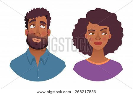 Portrait Of African Man And Woman. Emotions Of African American Woman Face. Facial Expression Men Ve