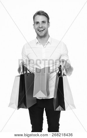Is It For Me. Guy Satisfied Got Bag Gift. Man Happy Received Package Gift Isolated White. Birthday D