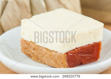 Traditional Colombian Sweet From The Velez Town In Santander Called Bocadillo Served With White Chee